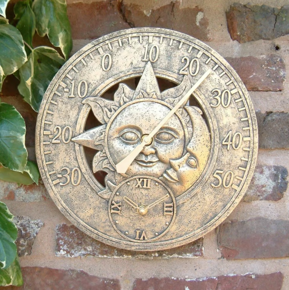 Outdoor indoor Garden Wall Station Sun & Moon Clock Copper with Thermometer