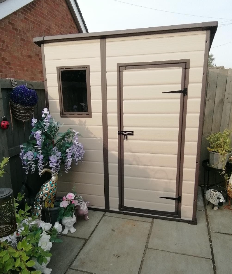 Outdoor Pent Single Door Garden Storage Shed 6 x 4ft Beige Brown Wood Effect Fade Free All Weather Resistant Safe And Secure Zero Maintenance 15 year Warranty