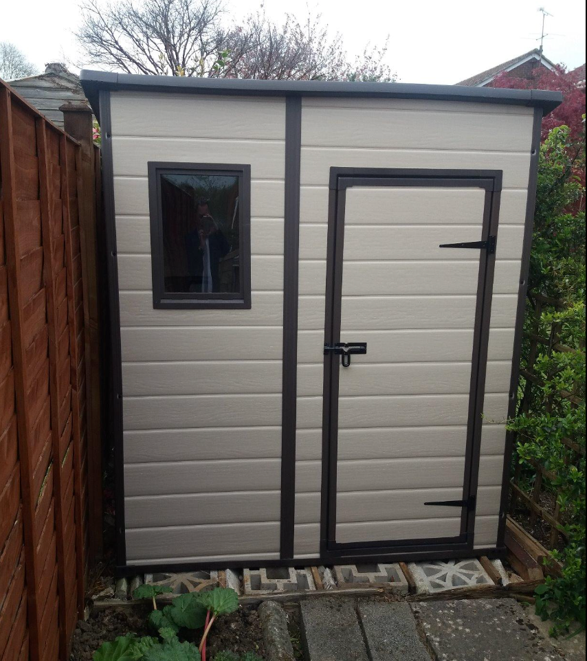 Outdoor Pent Single Door Garden Storage Shed 6 x 4ft Beige Brown Wood Effect Fade Free All Weather Resistant Safe And Secure Zero Maintenance 15 year Warranty