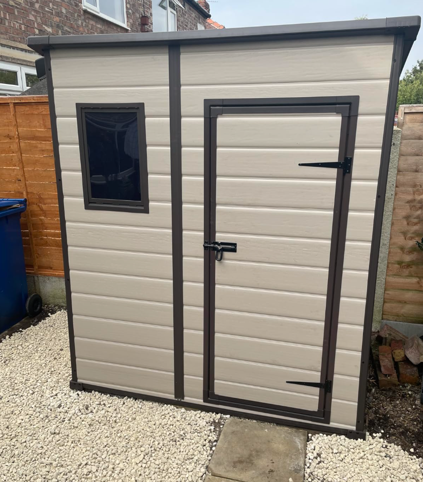 Outdoor Pent Single Door Garden Storage Shed 6 x 4ft Beige Brown Wood Effect Fade Free All Weather Resistant Safe And Secure Zero Maintenance 15 year Warranty