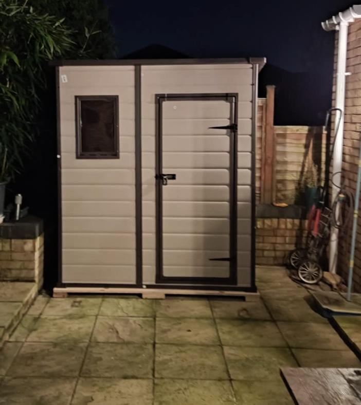 Outdoor Pent Single Door Garden Storage Shed 6 x 4ft Beige Brown Wood Effect Fade Free All Weather Resistant Safe And Secure Zero Maintenance 15 year Warranty