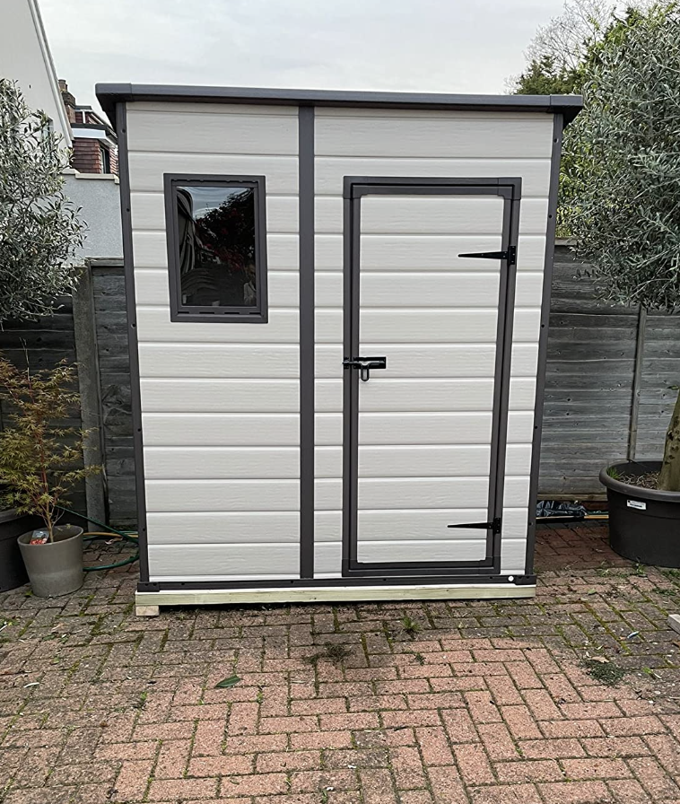 Outdoor Pent Single Door Garden Storage Shed 6 x 4ft Beige Brown Wood Effect Fade Free All Weather Resistant Safe And Secure Zero Maintenance 15 year Warranty