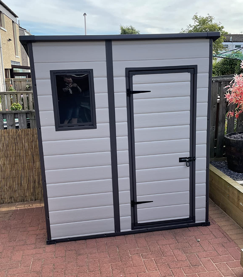 Outdoor Pent Single Door Garden Storage Shed 6 x 4ft Beige Brown Wood Effect Fade Free All Weather Resistant Safe And Secure Zero Maintenance 15 year Warranty