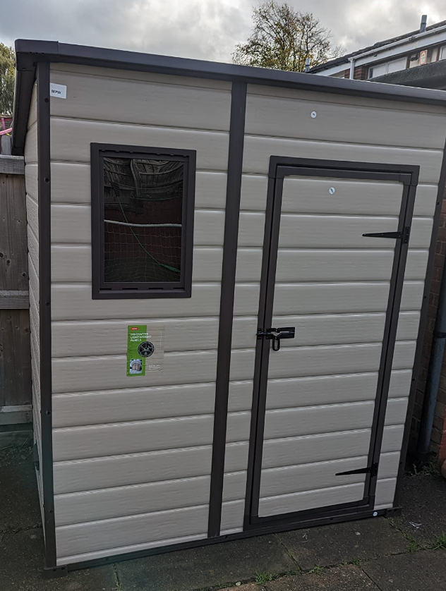 Outdoor Pent Single Door Garden Storage Shed 6 x 4ft Beige Brown Wood Effect Fade Free All Weather Resistant Safe And Secure Zero Maintenance 15 year Warranty