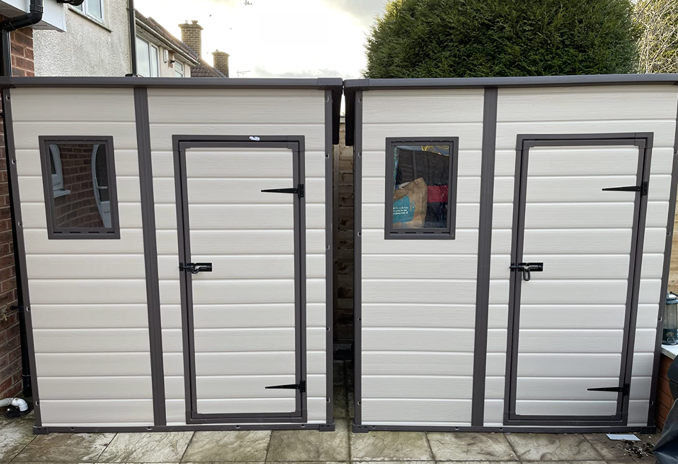 Outdoor Pent Single Door Garden Storage Shed 6 x 4ft Beige Brown Wood Effect Fade Free All Weather Resistant Safe And Secure Zero Maintenance 15 year Warranty