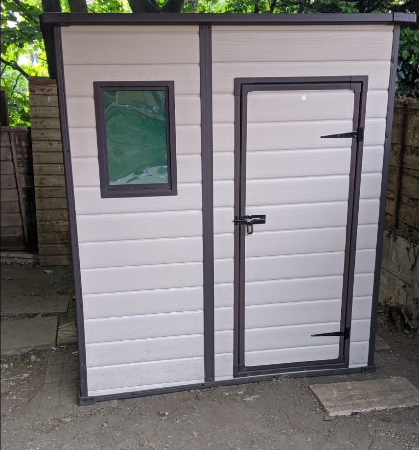 Outdoor Pent Single Door Garden Storage Shed 6 x 4ft Beige Brown Wood Effect Fade Free All Weather Resistant Safe And Secure Zero Maintenance 15 year Warranty