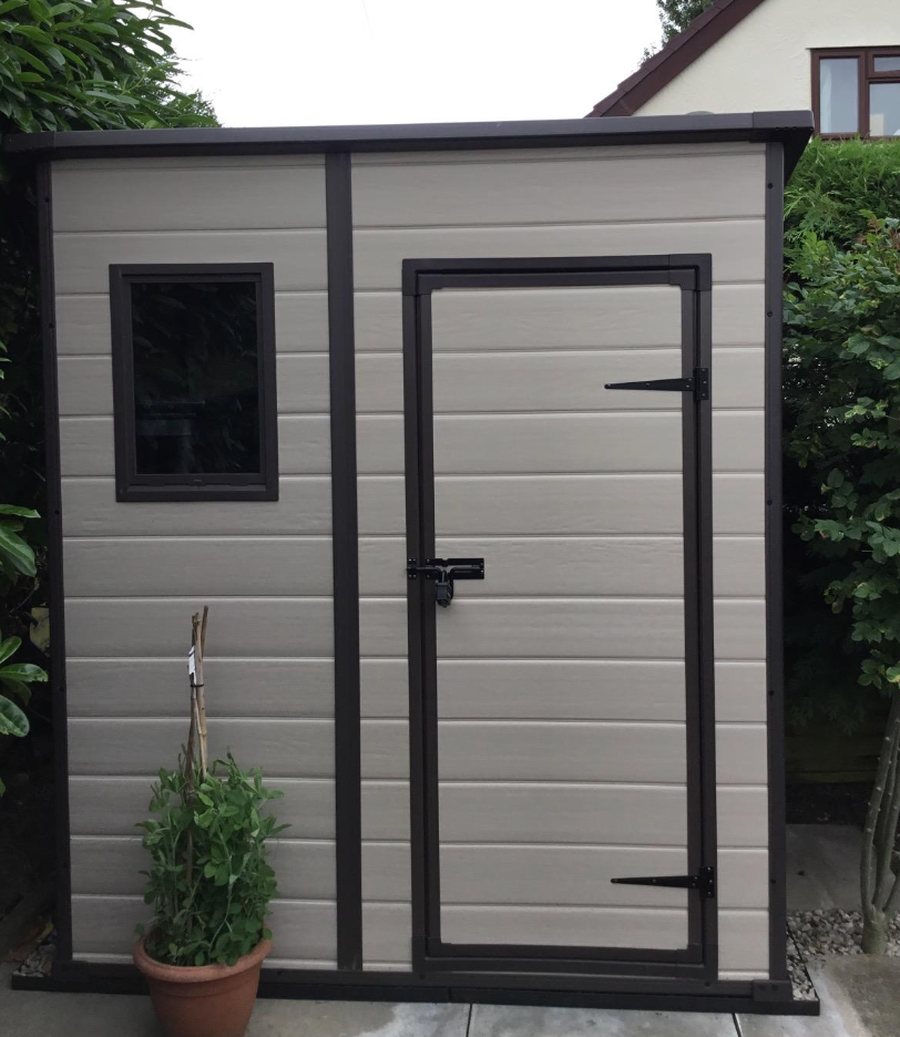 Outdoor Pent Single Door Garden Storage Shed 6 x 4ft Beige Brown Wood Effect Fade Free All Weather Resistant Safe And Secure Zero Maintenance 15 year Warranty