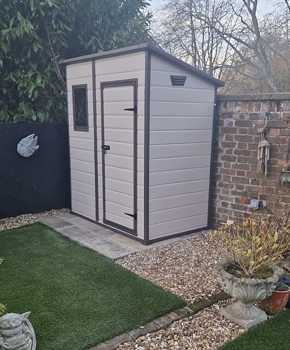 Outdoor Pent Single Door Garden Storage Shed 6 x 4ft Beige Brown Wood Effect Fade Free All Weather Resistant Safe And Secure Zero Maintenance 15 year Warranty