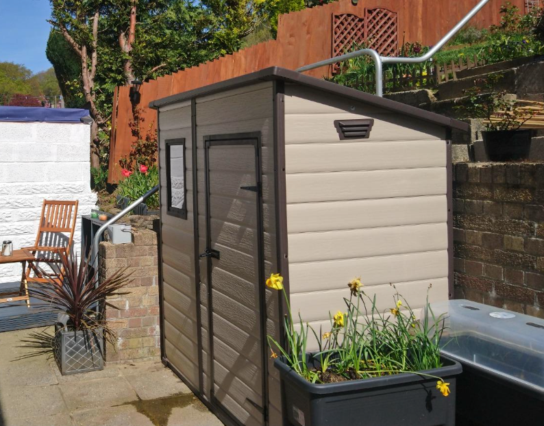 Outdoor Pent Single Door Garden Storage Shed 6 x 4ft Beige Brown Wood Effect Fade Free All Weather Resistant Safe And Secure Zero Maintenance 15 year Warranty