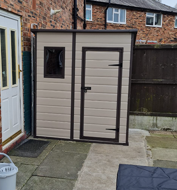 Outdoor Pent Single Door Garden Storage Shed 6 x 4ft Beige Brown Wood Effect Fade Free All Weather Resistant Safe And Secure Zero Maintenance 15 year Warranty