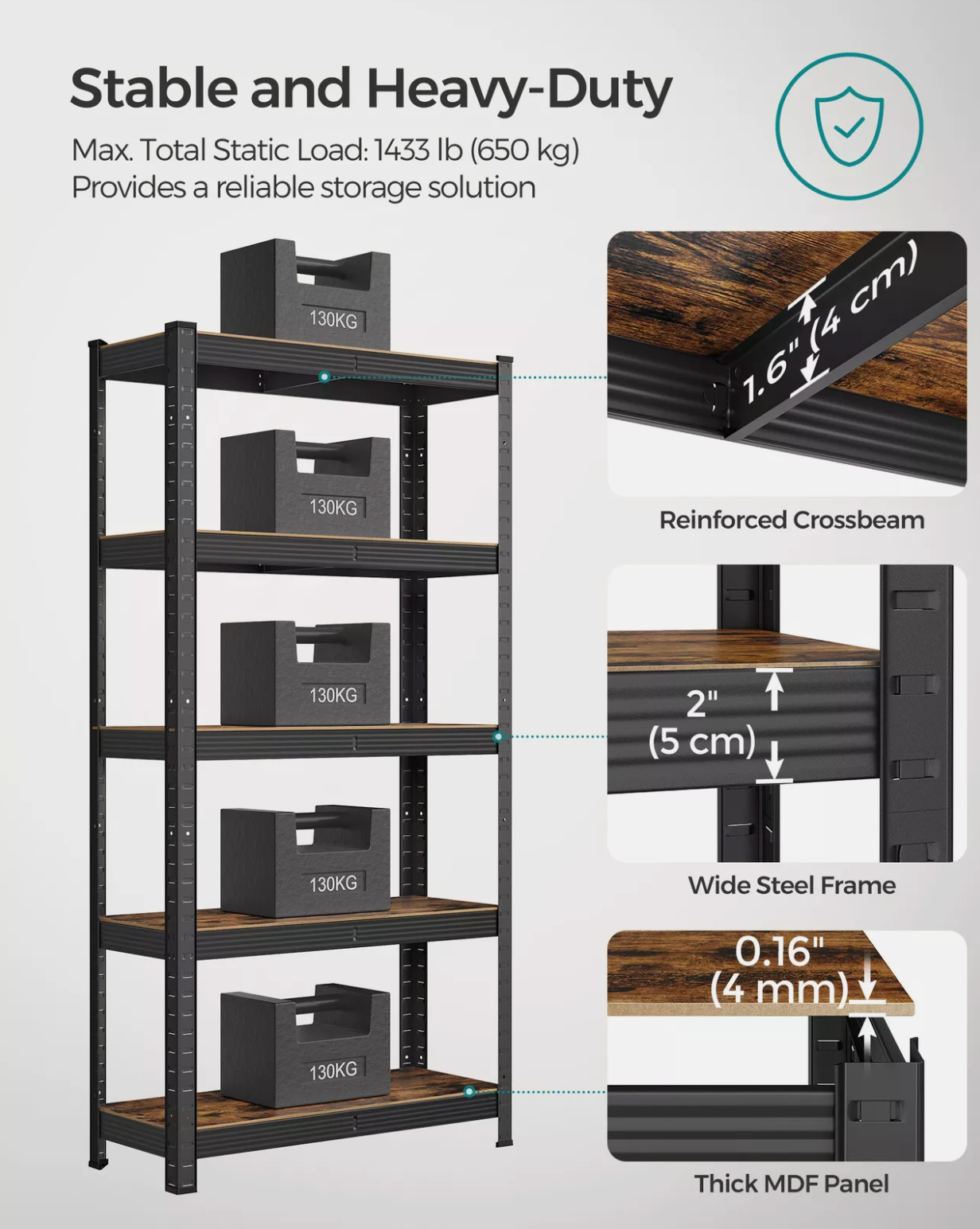 Large Heavy Duty Industrial Shelving Unit 650kg Load Capacity Adjustable Shelves