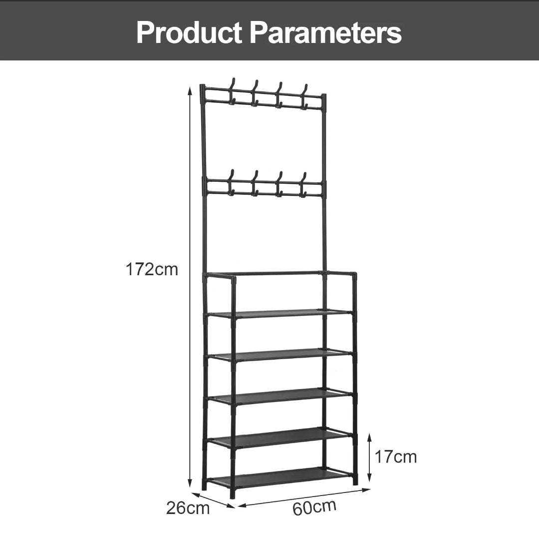 8 Hooks Coat and Hat Stand Metal+Plastic Shoe Rack Bedroom 5 Tiers Shelf Hanger