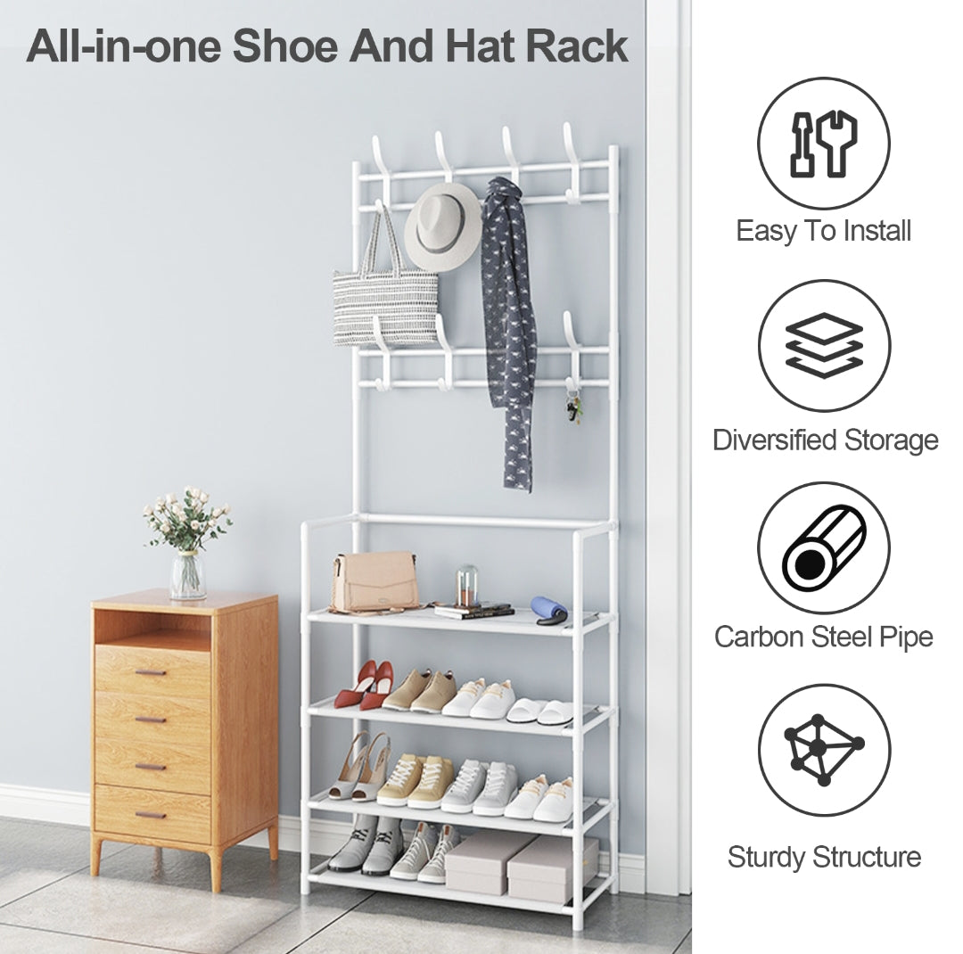 8 Hooks Coat and Hat Stand Metal+Plastic Shoe Rack Bedroom 5 Tiers Shelf Hanger