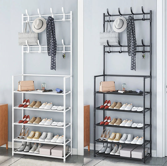 8 Hooks Coat and Hat Stand Metal+Plastic Shoe Rack Bedroom 5 Tiers Shelf Hanger