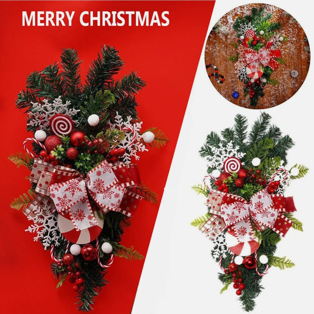 Christmas Door Wreath Garland Candy Cane Bow Ornament Front Door Wall Xmas Decor