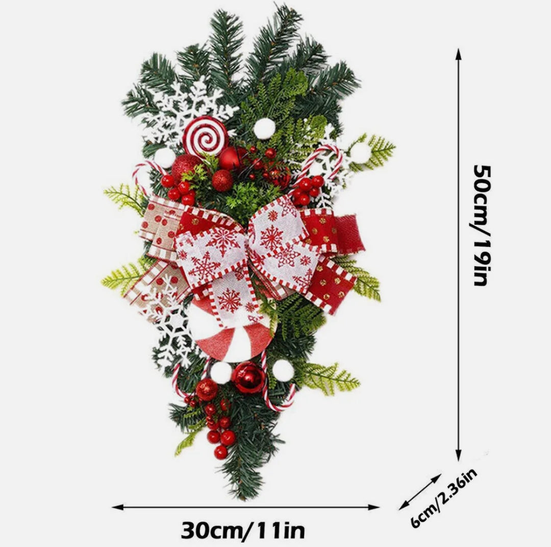 Christmas Door Wreath Garland Candy Cane Bow Ornament Front Door Wall Xmas Decor