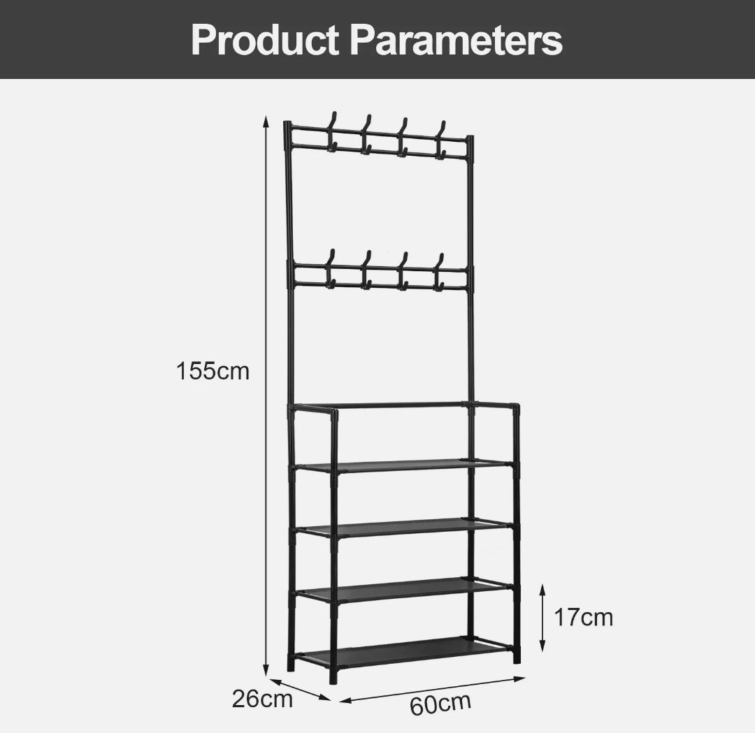 8 Hooks Coat and Hat Stand Metal+Plastic Shoe Rack Bedroom 5 Tiers Shelf Hanger