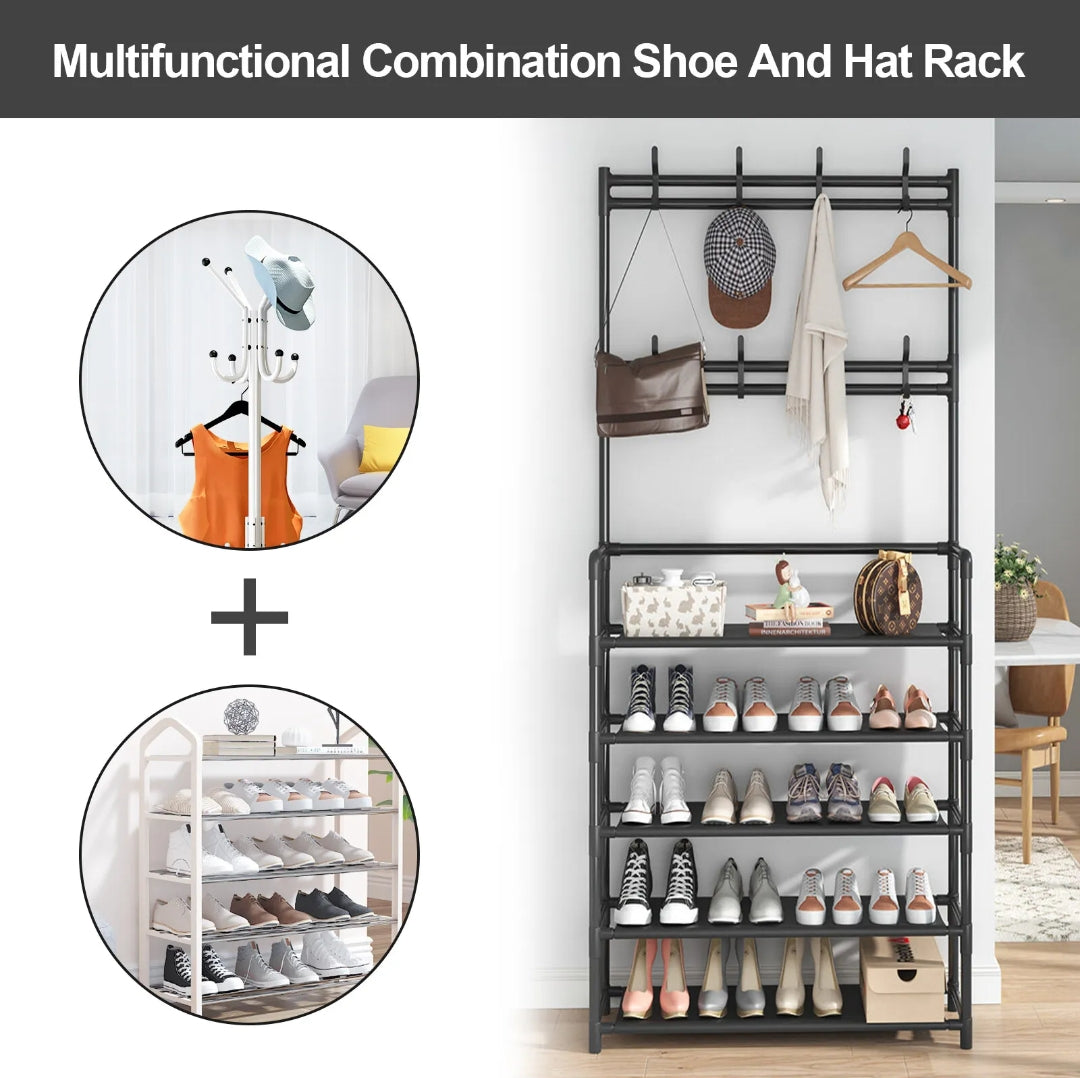 8 Hooks Coat and Hat Stand Metal+Plastic Shoe Rack Bedroom 5 Tiers Shelf Hanger