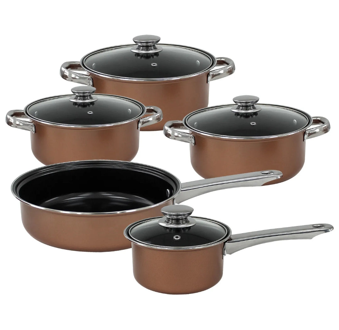 9 Piece Cookware Pan Set Rose Gold Saucepan Non Stick Stainless Steel Cooking