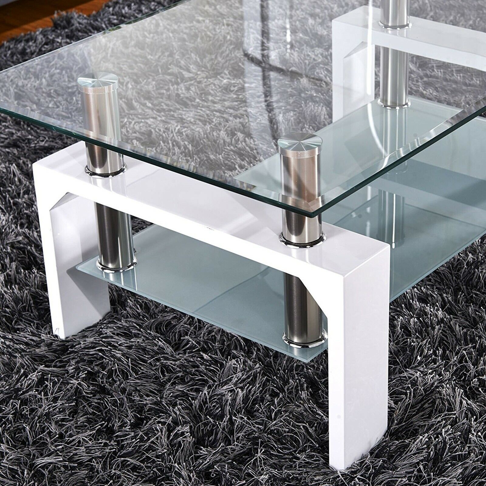 Rectangle Glass Coffee Table With Storage Modern Living Room Furniture Chrome