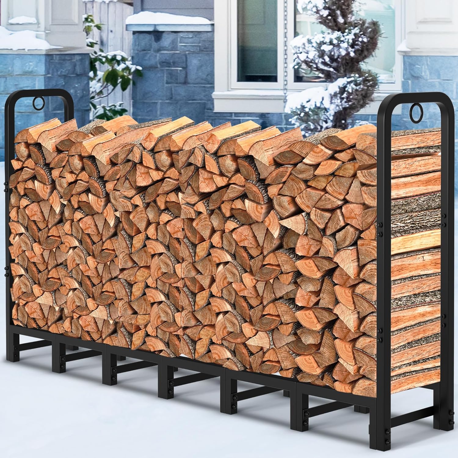 8 ft Outdoor Fire Wood Log Rack for Fireplace Heavy Duty Firewood Pile Storage Racks for Patio Deck Metal Log Holder Stand Tubular Steel Wood Stacker Outside Tools Accessories Black