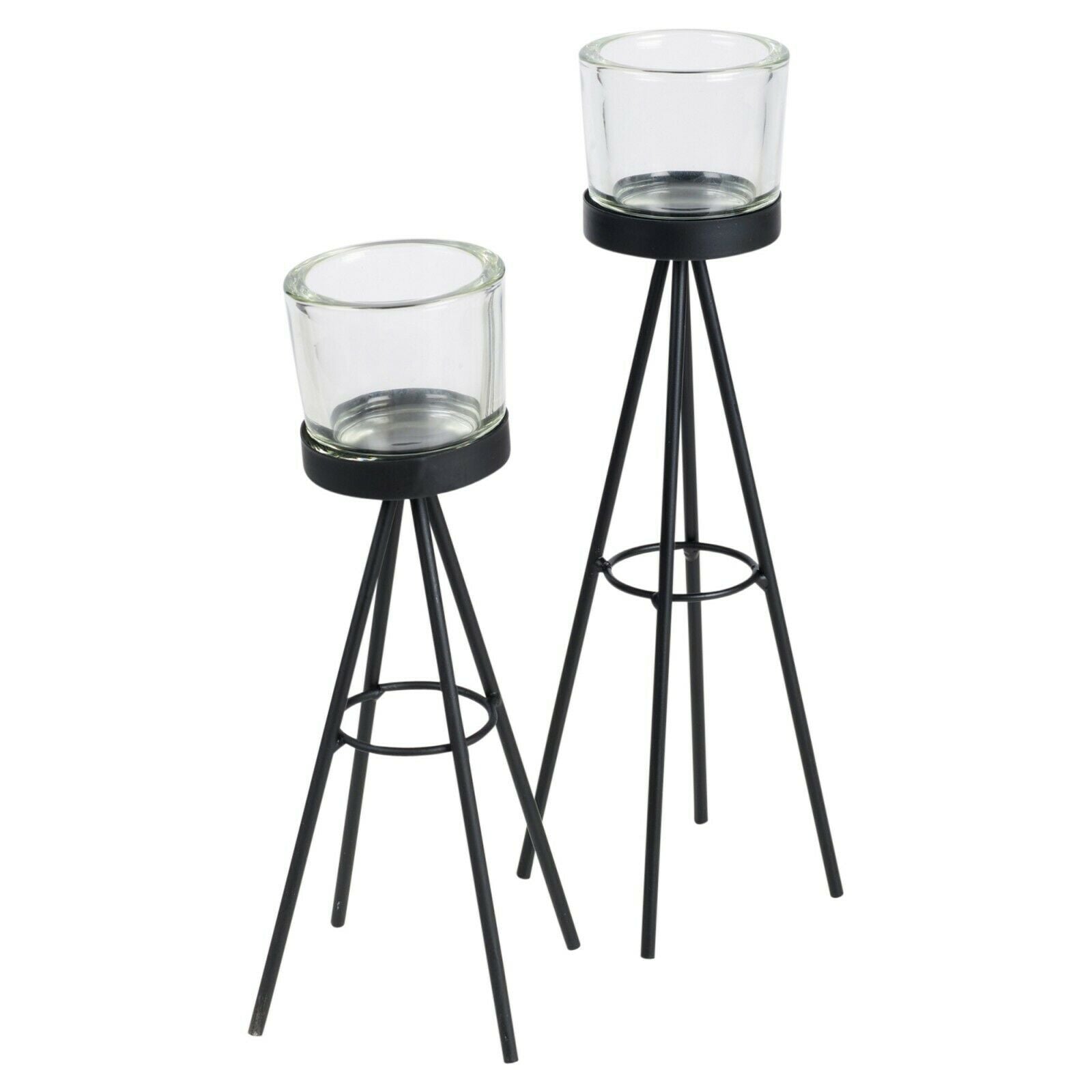 2 Metal Tripod Tealight Candle Stick Stand Glass Holder Set