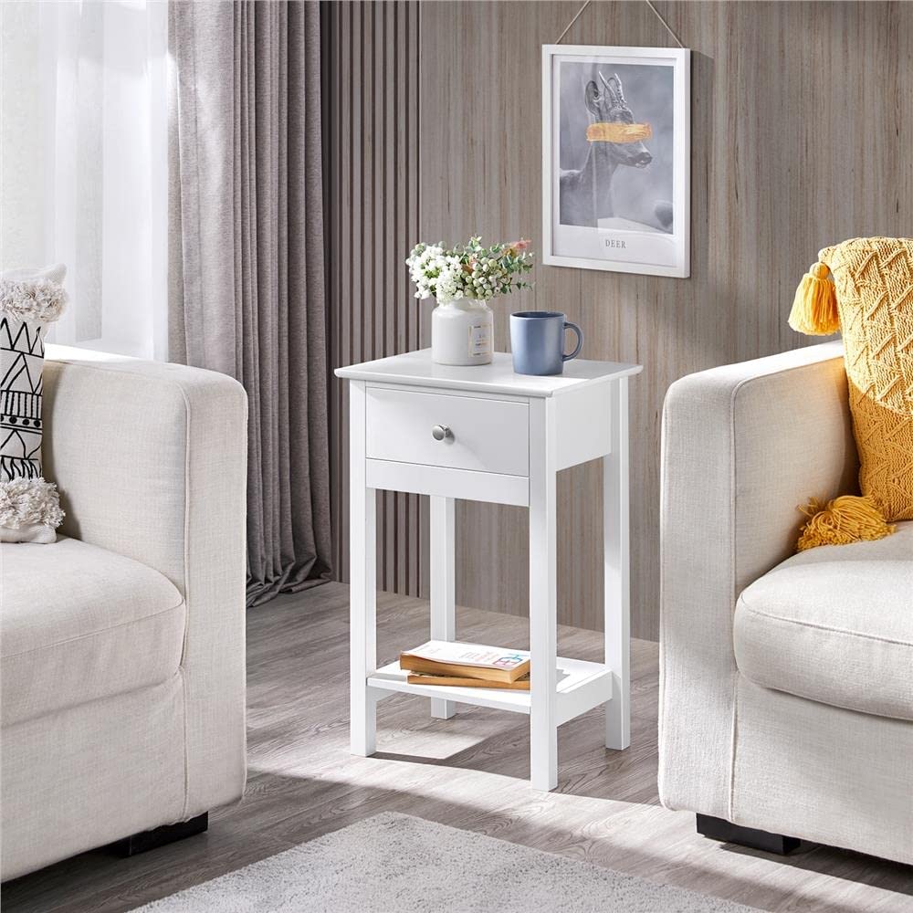 White Bedside Table Nightstand Cabinet Storage Unit with Drawers & Shelf