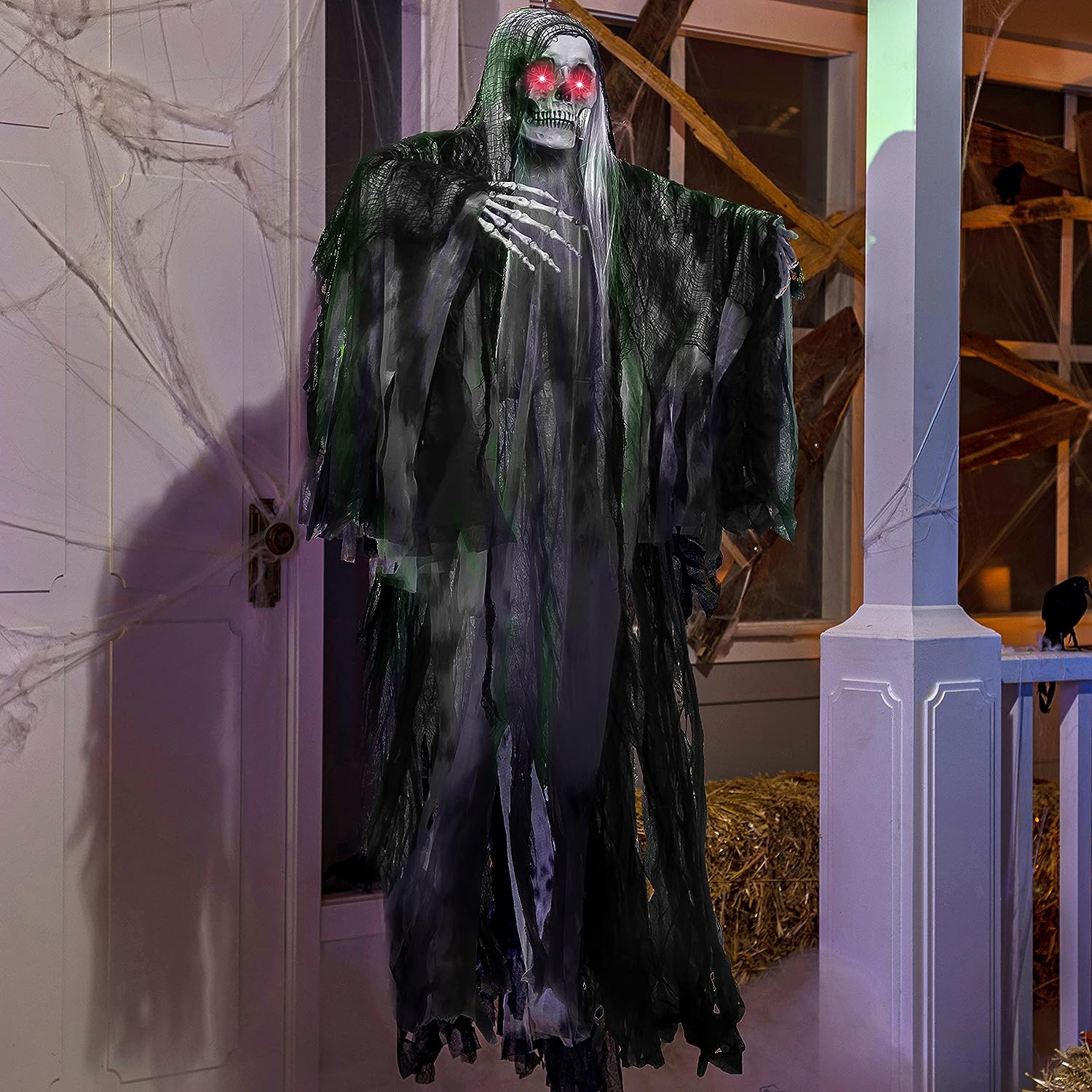 59” Halloween Animated Hanging Grim Reaper Decorations with Glowing Eyes and Creepy Sound, Halloween Skeleton