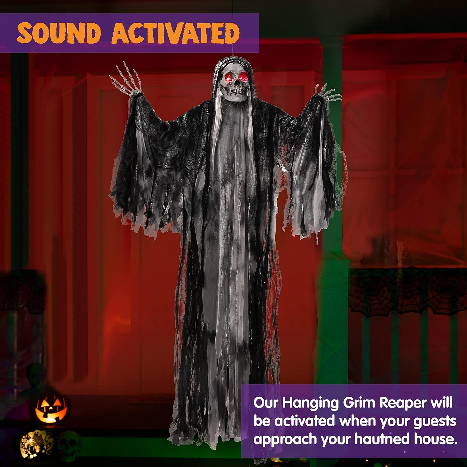 59” Halloween Animated Hanging Grim Reaper Decorations with Glowing Eyes and Creepy Sound, Halloween Skeleton