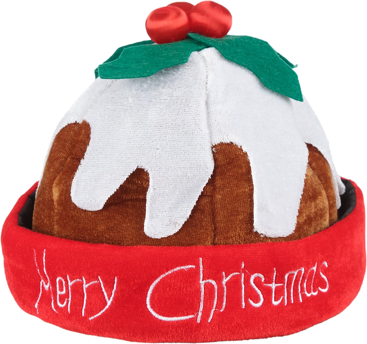 Novelty Christmas Pudding Hat - Beanie Hat with Holly Berries - Warm Fleece Hat with Rolled Brim