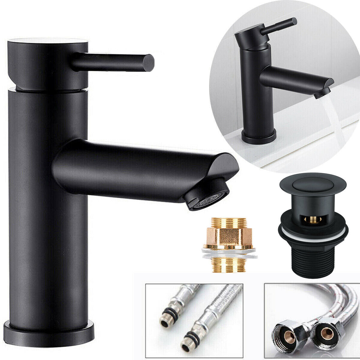 Bathroom Basin Black Tap Waterfall Mono Mixer Square Modern Sink Faucet + Waste