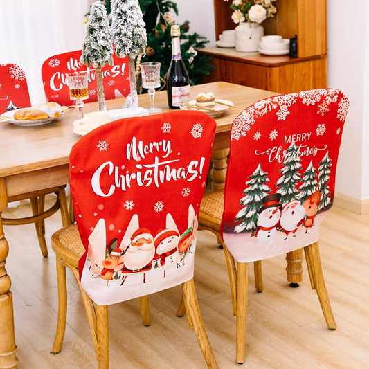 4 Pcs Christmas Chair Covers Christmas Themed Chair Back Cover Red and White Dinner Table Decoration for Xmas Party Celebrations