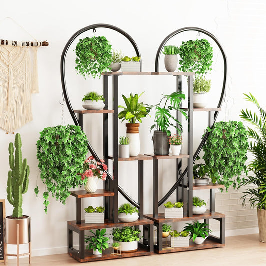 6-Tier Indoor Plant Stand: Tall Wood and Metal Plant Shelf Storage Large Flower Pots Display Ladder Rack Multi-Purpose Storage Unite Shelf for Garden Balcony Living Room Heart Shaped