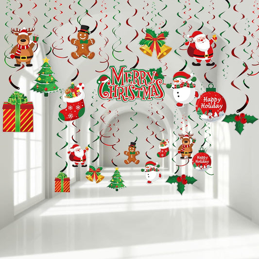 30 Pieces Christmas Hanging Foil Swirl Decorations Set Xmas Holiday Snowman Elk Sign Hanging Swirls Ceiling Decorations for Indoor Outdoor Happy Christmas Holiday Party Decoration Supplies