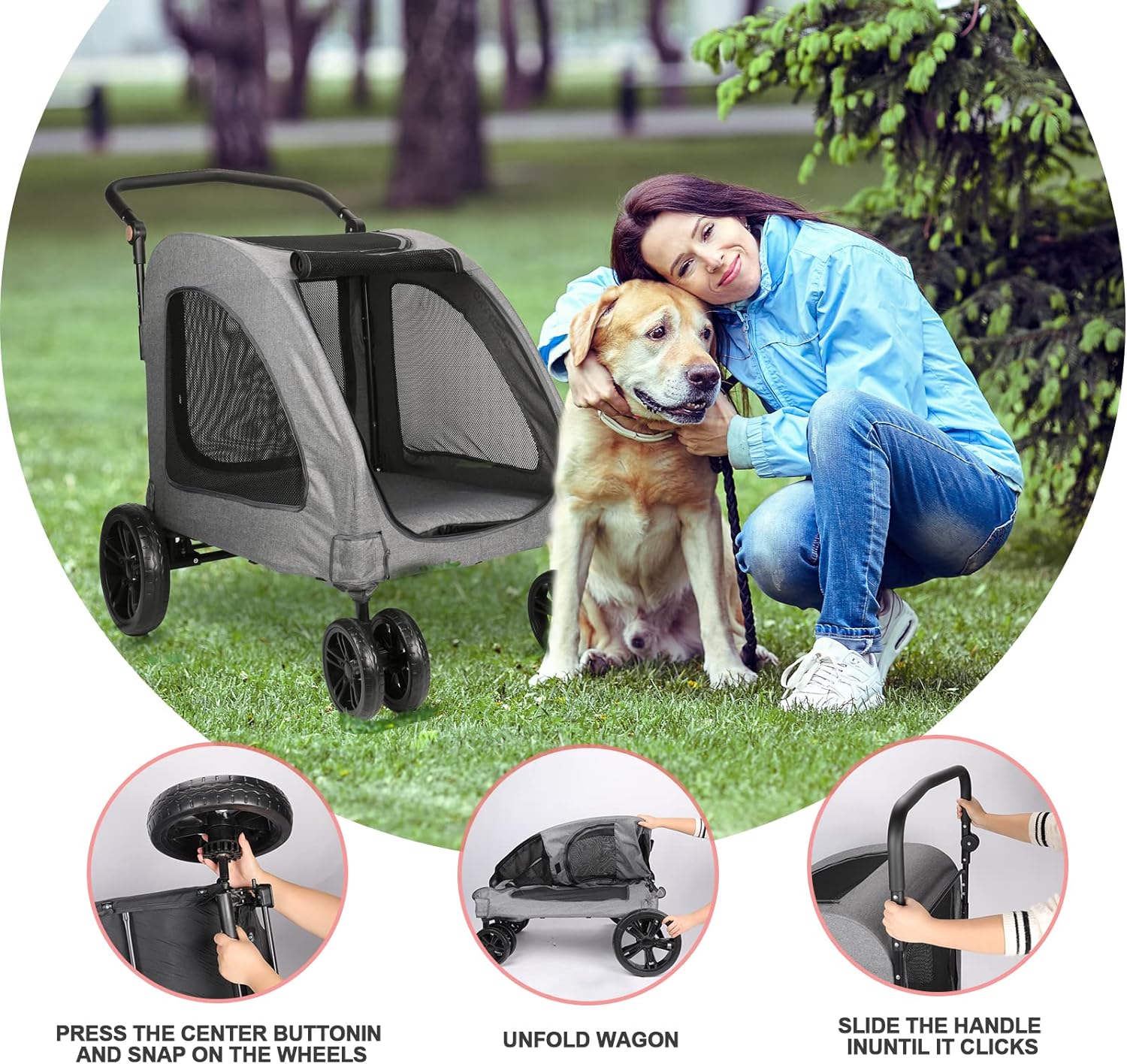 Dog Stroller Foldable Pet Jogger Stroller for Single or Multiple Medium and Large Dogs Travel Carrier Breathable Animal Stroller with 4 Wheels, Adjustable Handle, Zipper EntryUp to 160 lbs (Gray)