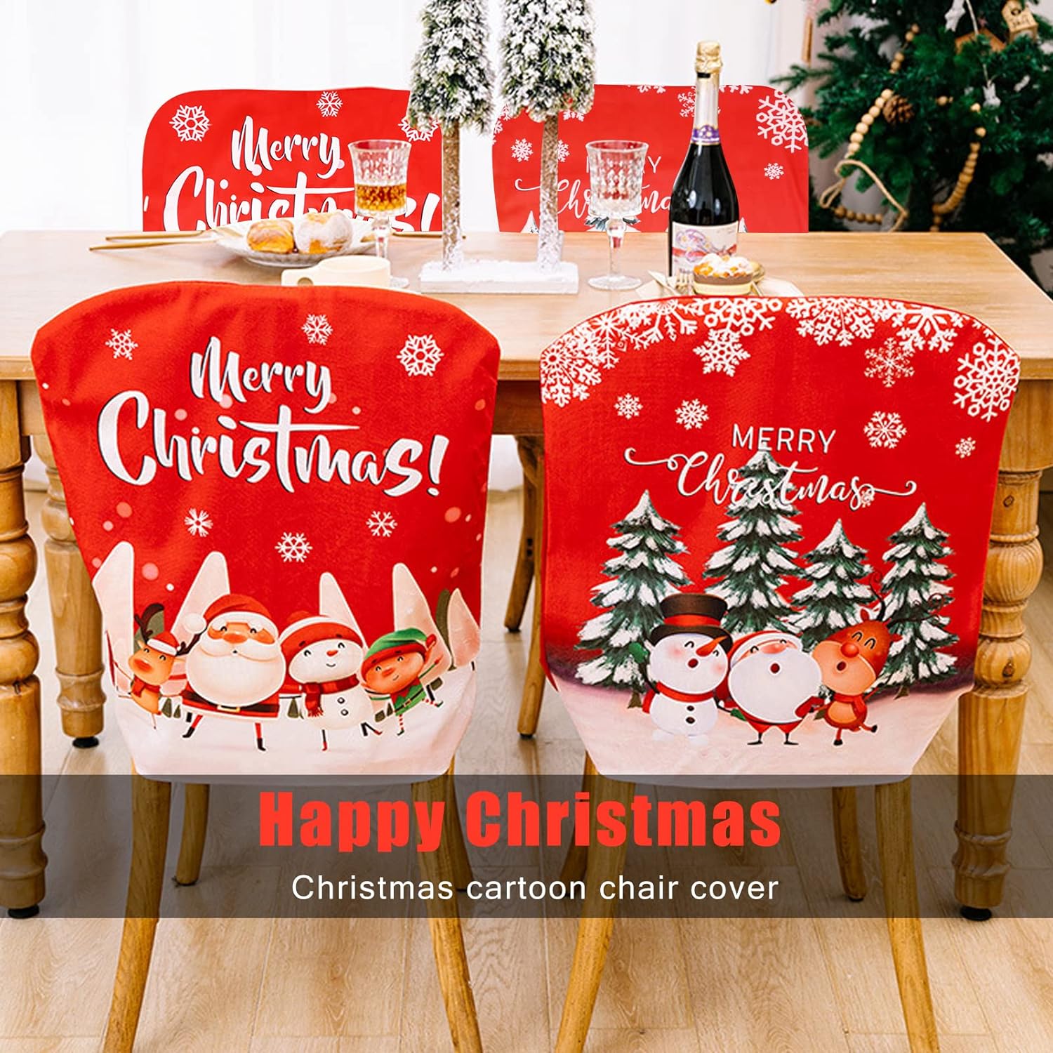 4 Pcs Christmas Chair Covers Christmas Themed Chair Back Cover Red and White Dinner Table Decoration for Xmas Party Celebrations