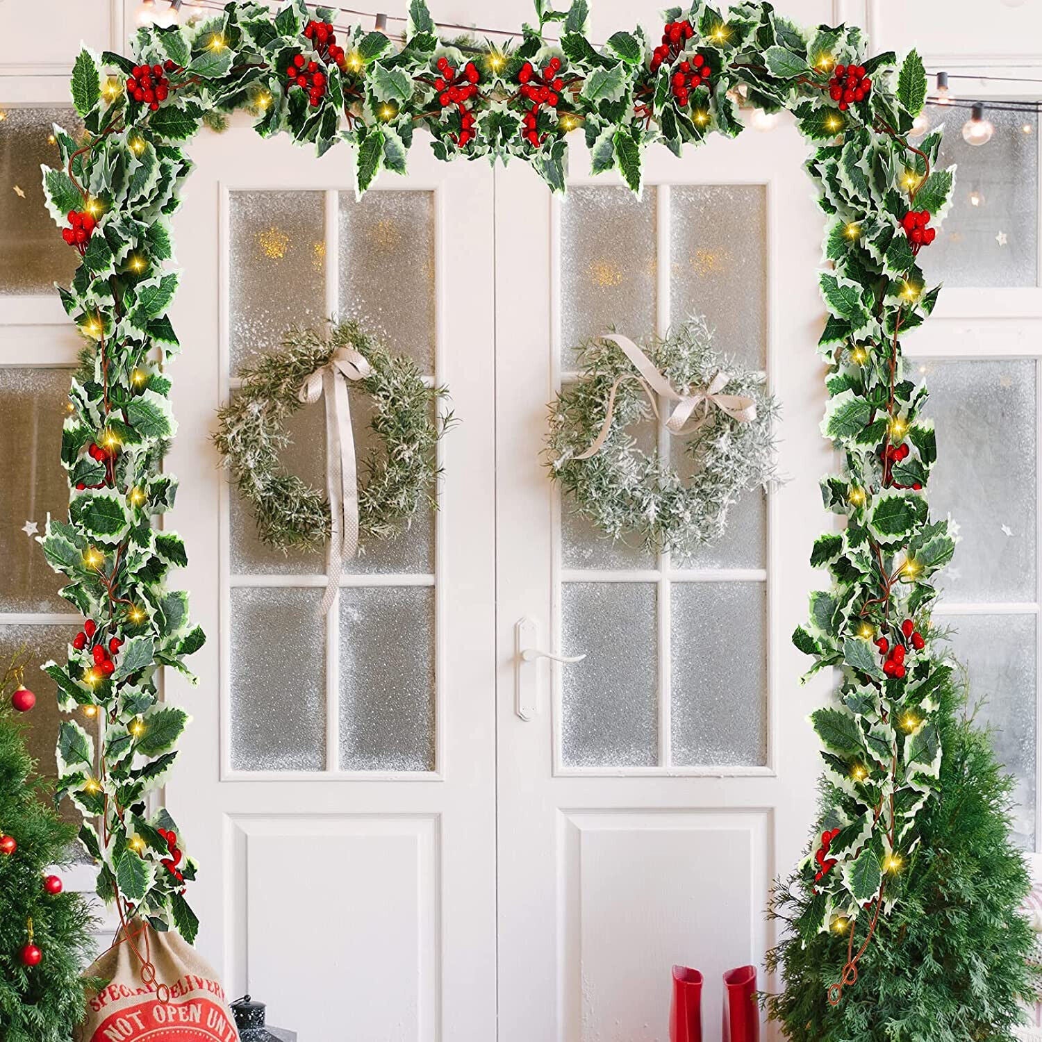 6ft Christmas Garlands with lights Holly Berry Garland Door Fireplace Decoration