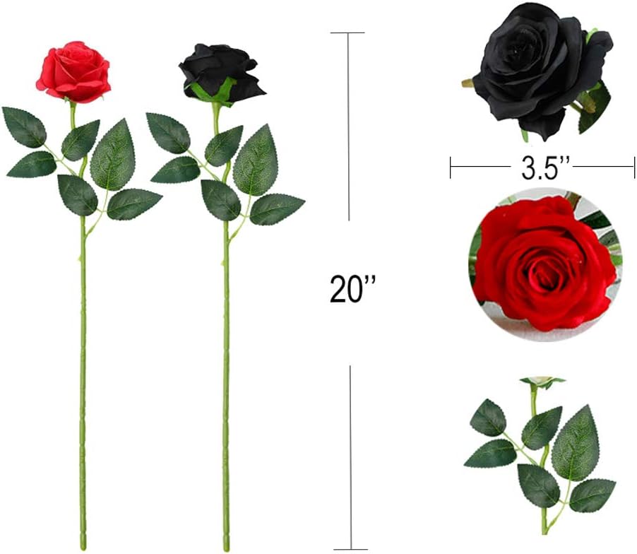 12 Pcs Artificial Silk Roses Flower Bouquet Faux Flowers Home Wedding Party Decor(Black,Red)