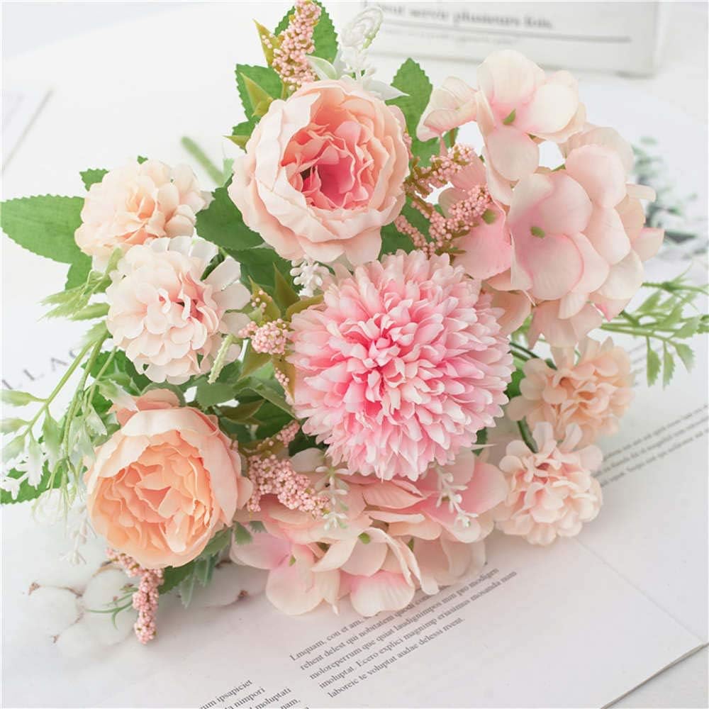 Artificial Flowers, Fake Peony Silk Hydrangea Bouquet Decor Plastic Carnations Realistic Flower Arrangements Wedding Decoration Table Centerpieces(Light Pink)