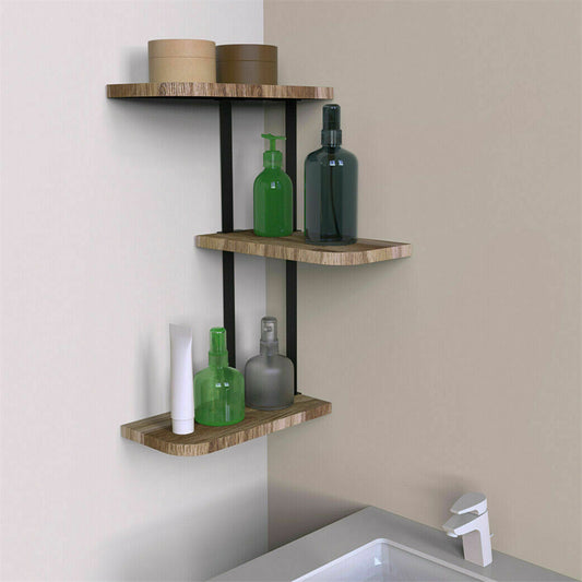 Rustic Wood Corner Shelf Home Display Storage Rack Wall Floating Shelf 3 Tier