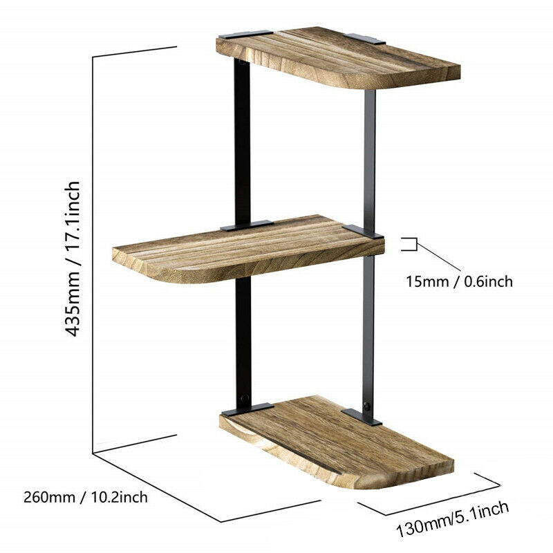 Rustic Wood Corner Shelf Home Display Storage Rack Wall Floating Shelf 3 Tier