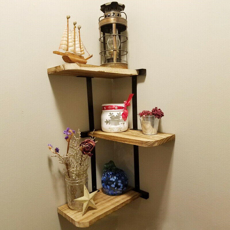 Rustic Wood Corner Shelf Home Display Storage Rack Wall Floating Shelf 3 Tier