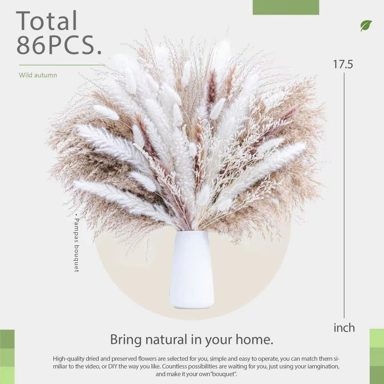 86PCS Natural Dried Pampas Grass Bouquet,Boho Home Decor Bouquet, Phragmites Dried Flowers,Bouquet for Wedding Floral Arrangements Home Decorations