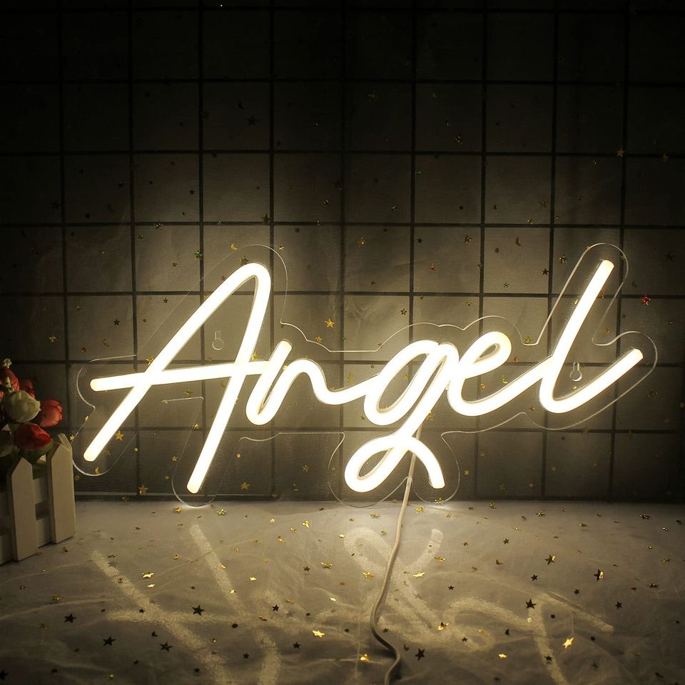 Angel Neon Signs for Wall White Angel Word Led Neon Sign Neon Light Acrylic Neon Wall