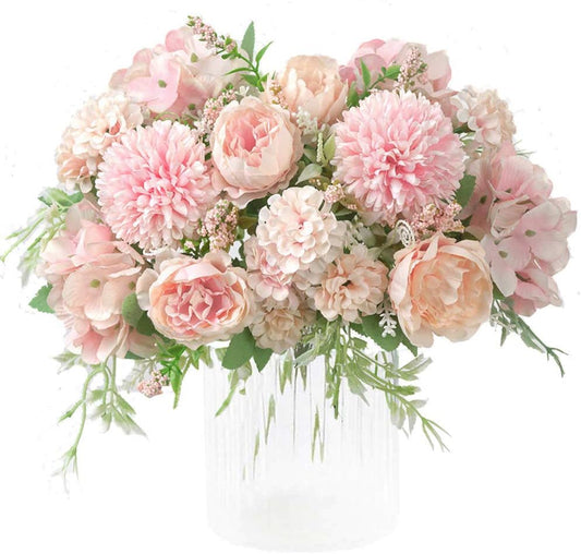 Artificial Flowers, Fake Peony Silk Hydrangea Bouquet Decor Plastic Carnations Realistic Flower Arrangements Wedding Decoration Table Centerpieces(Light Pink)