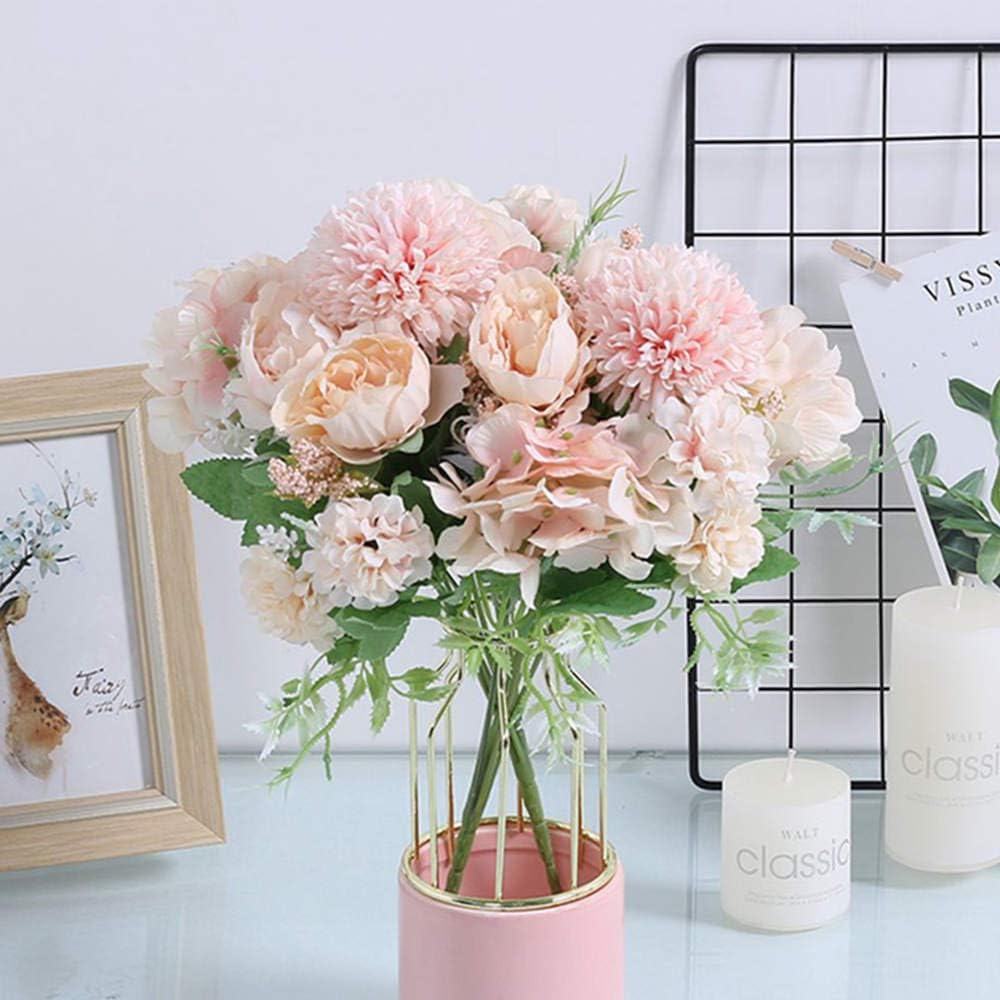 Artificial Flowers, Fake Peony Silk Hydrangea Bouquet Decor Plastic Carnations Realistic Flower Arrangements Wedding Decoration Table Centerpieces(Light Pink)