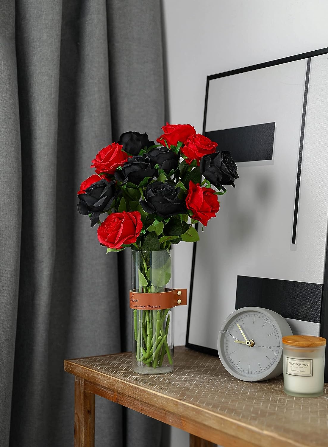 12 Pcs Artificial Silk Roses Flower Bouquet Faux Flowers Home Wedding Party Decor(Black,Red)