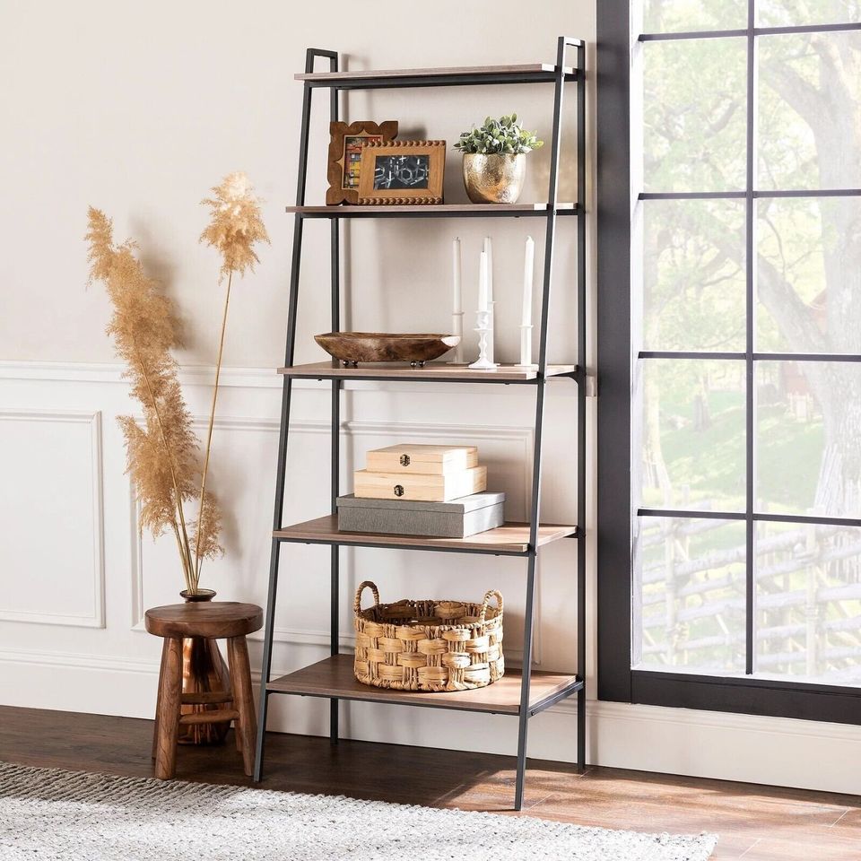 5 Tier Open Storage Modern Ladder Metal & Wood Industrial Ladder Bookshelf Unit