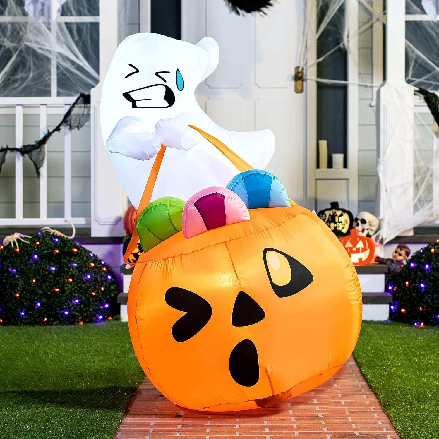 5 FT Tall Halloween Inflatable Cute Ghost Inflatable Lift Pumpkin Candy Bag with Build-in LEDs Blow Up Inflatables for Halloween Party Indoor, Outdoor, Yard, Garden, Lawn Decorations