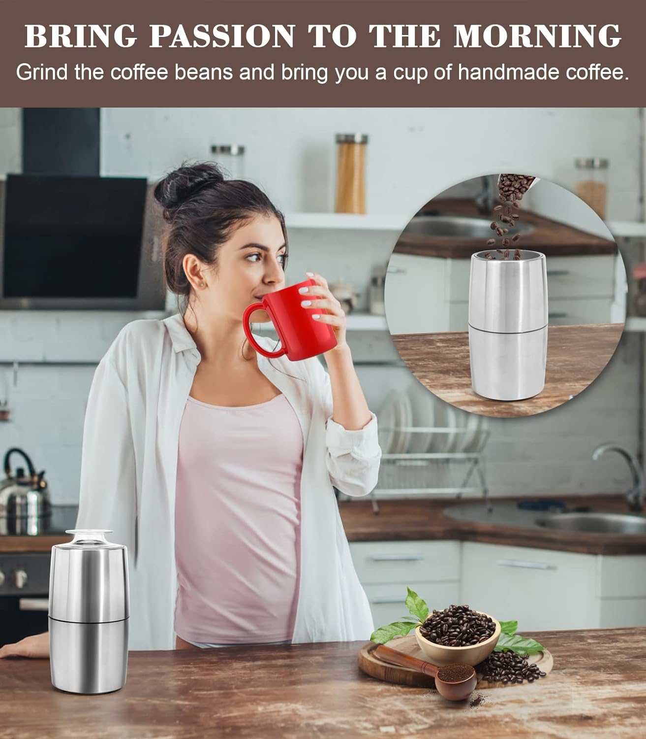 Coffee Grinder Electric - Turimon Stainless Steel Coffee Bean Grinder for Coffe Espresso Latte Mochas, One-Touch Grinder for Herb, Spice, Grain and More